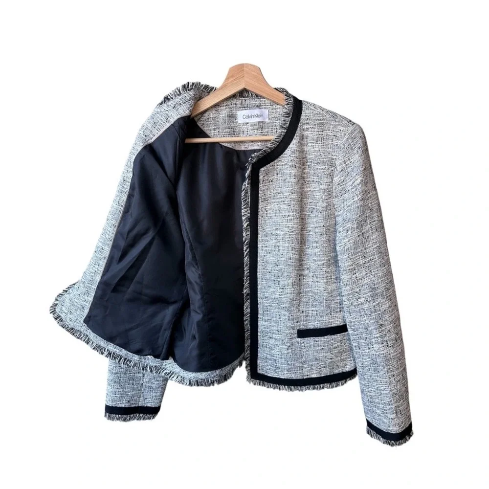 Calvin Klein Blazer Jacket Coat Black White Tweed Fringe Open Front Size 12 - Picture 3 of 9